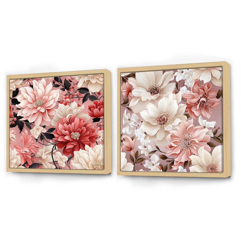 Coquelicots roses et blancs «Blossoming Grace» - ensemble de 2 collages floraux carrés, Cadre flottant brun