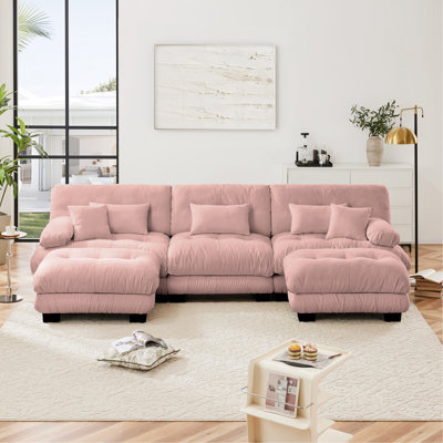 Luxury Modular Sectional Sofa Couch - Oversized U Shaped Cloud Couch For Living Room, Deep Seat Sofa Couch With 2 Ottomans, Chenille Pink