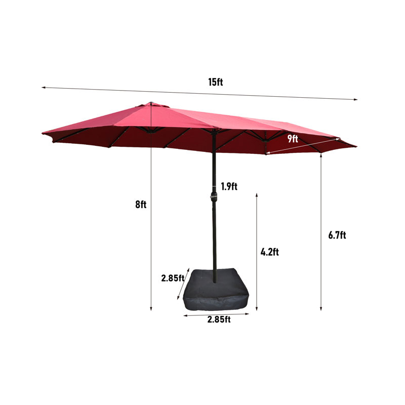 15X9Ft Double-Sided Twin Patio Umbrella Large Rectangular Outdoor Market Umbrella With Solar Lights & Heavy-Duty Base, Red