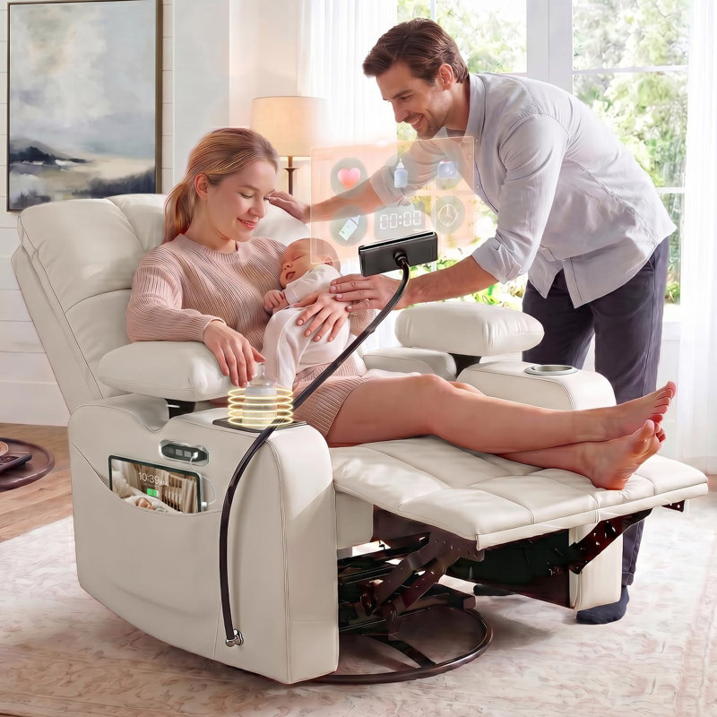 34"W Power Swivel Rocking Recliner with Adjustable Armrests & Phone Holder, Beige