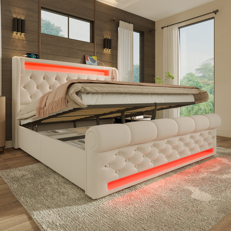Upholstered Ottoman Storage Bed, European Kingsize (160 x 200cm), Beige