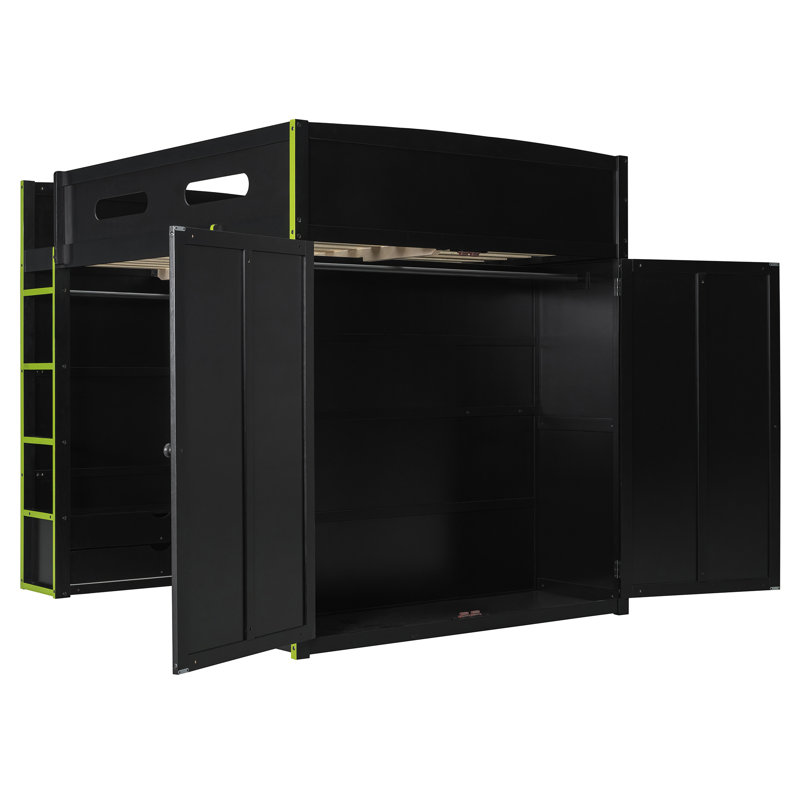 Lit mezzanine double en bois avec bureau, garde-robe, rangement spacieux et éclairage RVB pour une expérience de jeu ultime