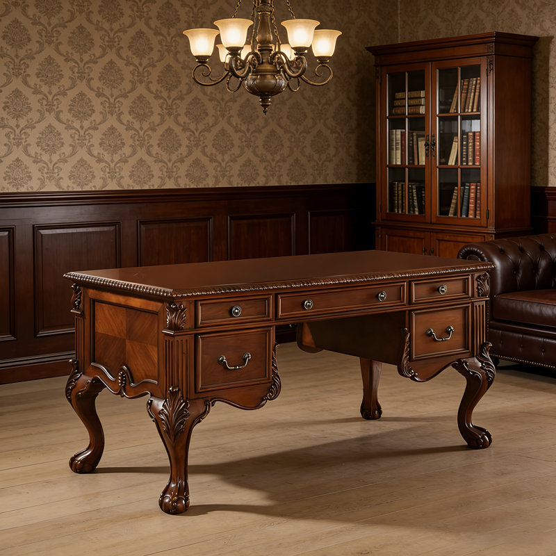 Bureau d'écriture en bois massif rouge-brun de style européen avec tiroirs, bureau d'ordinateur pour bureau et travail à domicile