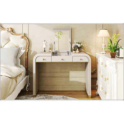 Bureau de coiffeuse classique en bois avec miroir rabattable, coiffeuse 3 en 1 avec 2 tiroirs et espace de rangement pour la chambre à coucher