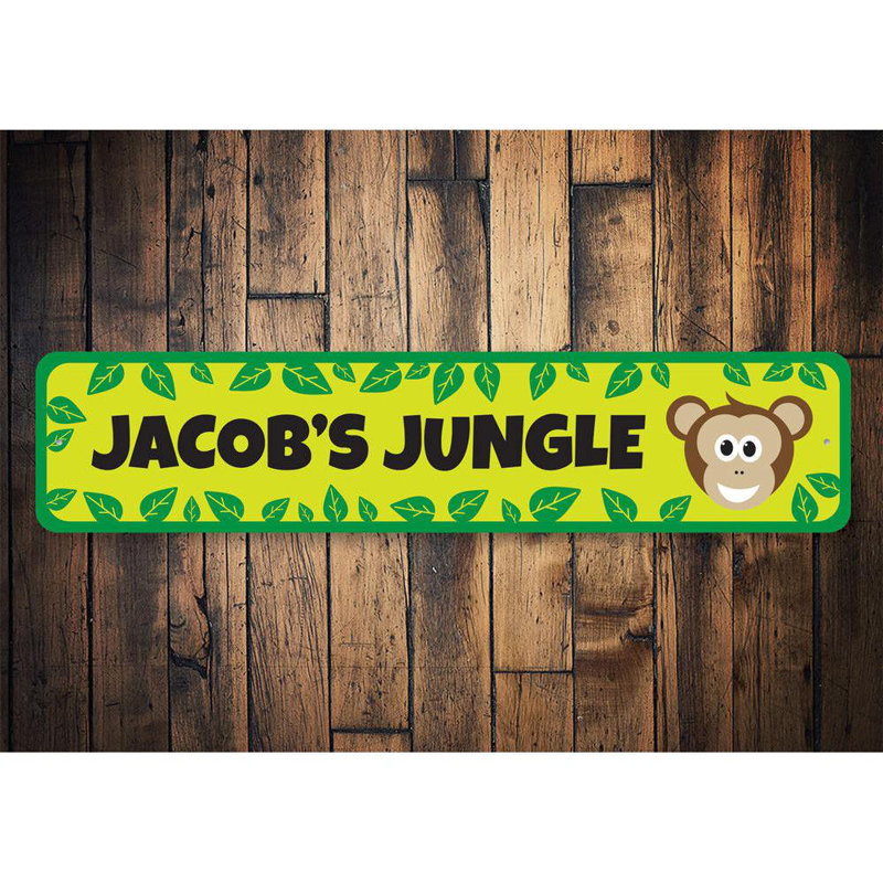 Enseigne en aluminium «Monkey Kids Room», H 4 po x l 18 po x P 0,04 po