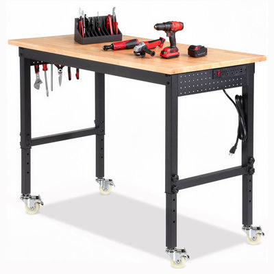 48" Adjustable Workbench on Wheels, Heavy Duty Work Table with Power Outlets, Rubber Wood Workstation for Garage, Workshop, Office, Home, Commercial