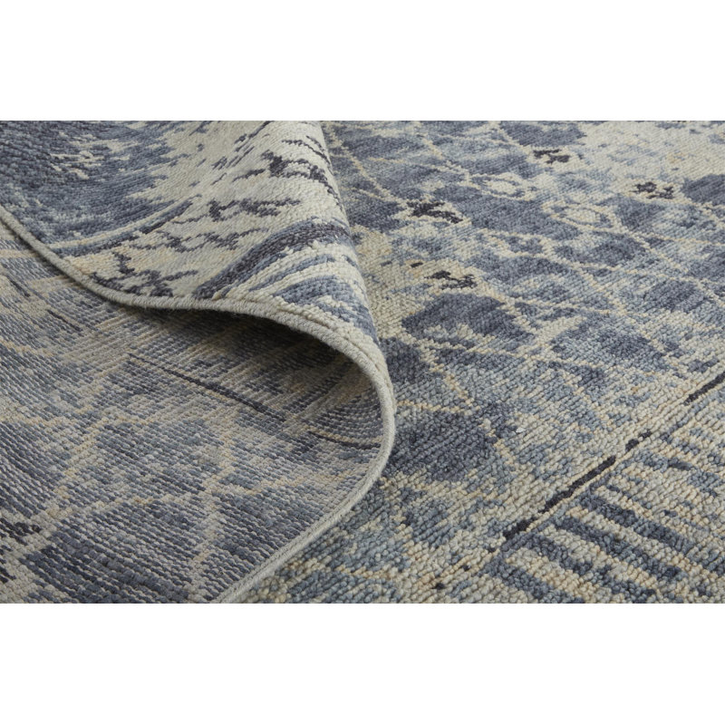 Ivory and Blue Hand-Knotted Wool Trellis Area Rug