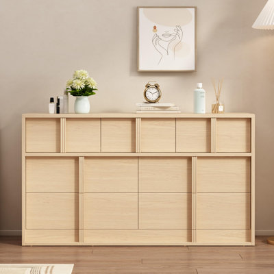 Meuble télé 54 po avec 7 tiroirs, console en bois pour téléviseur de 65 po ou moins, meuble audio-vidéo moderne avec poignées élégantes