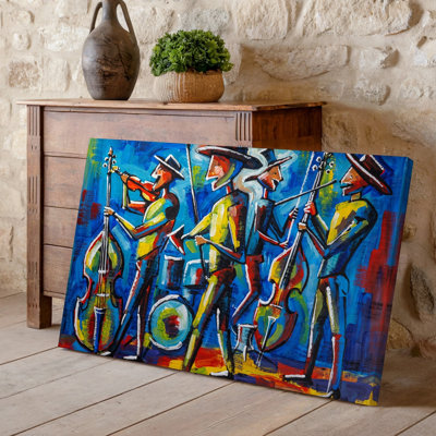 Canvas A Vibrant And Expressive Abstract Painting Depicting A Lively Jazz Wall Art Band Featuring Four Musicians Immersed In Their Canvas Wall Art