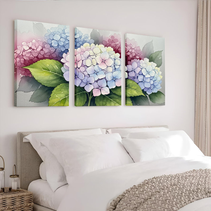 Hydrangea, impression sur toile à motif floral sur toile, ensemble de 3, H 24 po x l 48 po