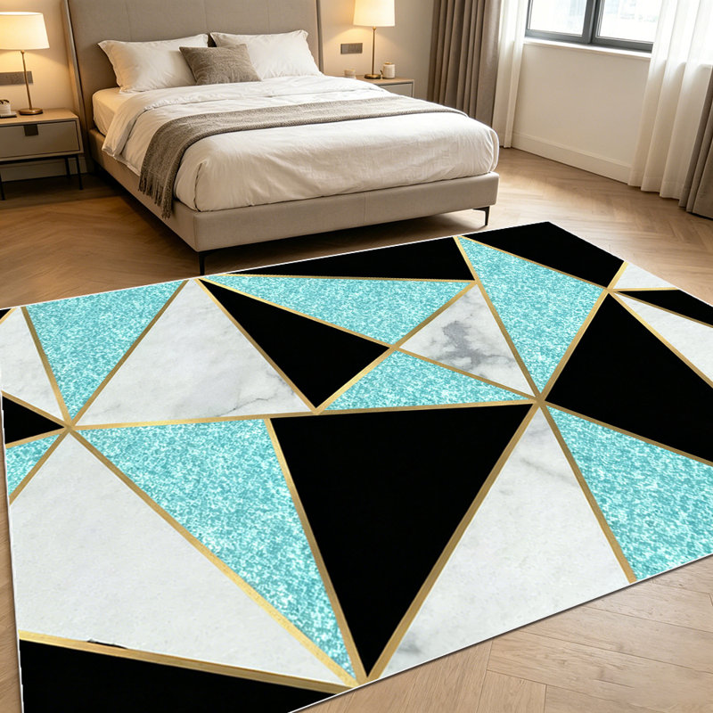 1PC Geometric Triangle Turquoise Black White Marble Glitter Gold Trim Modern Abstract area rugs for Living Room, Soft and Comfortable, Suitable for all seasons, easy-to-maintain, machine washable Indoor floor mat, Under Table Farmhouse suitable for