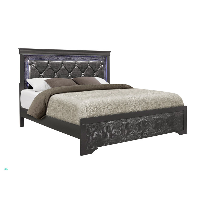 LIT COMPLET AVEC DEL capitonné glamour d'inspiration cristal, Gris, Lit double