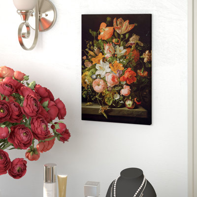 'Still Life of Roses, Lilies, Tulips and Other Flowers in a Glass Vase with a Brindled Beauty on a Stone Ledge' Painting Print on Canvas