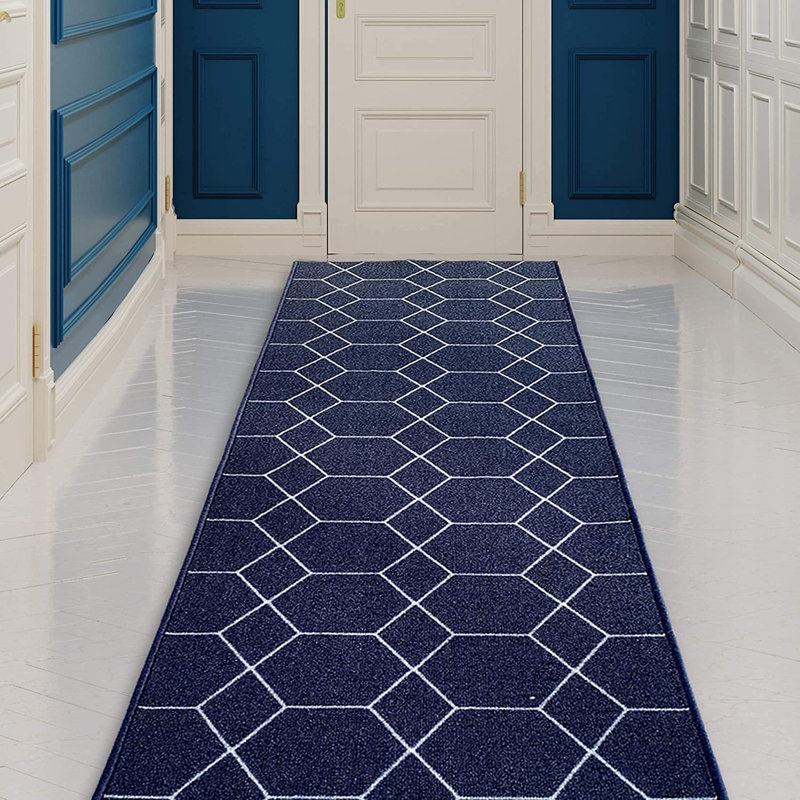 Hildale Custom Size Runner Rug Choose Your Length Hexagon Trellis Design Blue Color, Runner 2'2" x 7'