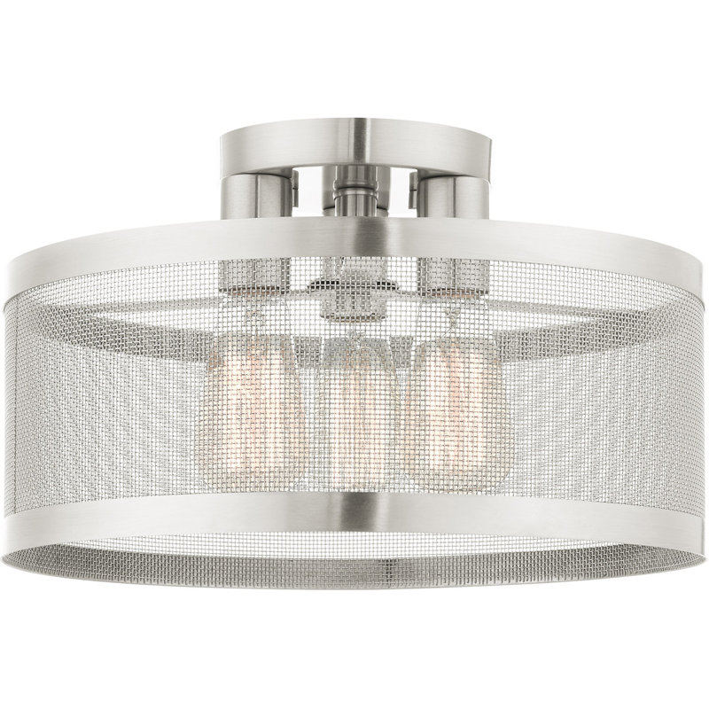 Plafonnier semi-encastré 3 lumières avec abat-jour en maille inoxydable, Nickel brossé