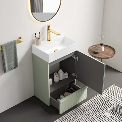 Meuble-lavabo rayé vert clair de 20 po avec lavabo en céramique blanc, meuble de salle de bain autoportant pour salle de bain moderne, lavabo en céramique blanc une pièce sans drain ni robinet, KD