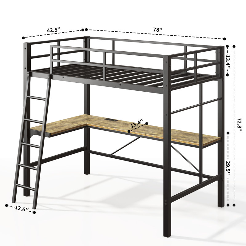 Twin Metal Loft Bed With L-Shaped Desk, Charging Station Loft Bed Frame Twin Size, Safety Guard & Ladder, No Box Spring Needed, Black