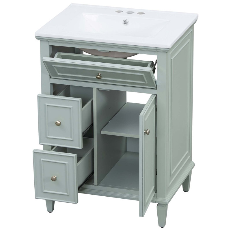 Meuble-lavabo avec lavabo, tablette réglable, un tiroir rabattable et deux tiroirs pour les salles de bain modernes, Vert