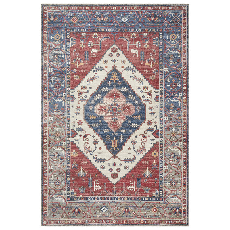 GLN Rugs Vintage Collection - Machine Washable Area Rug, Vintage Washable Rug, Non Slip Area Rug, Low Pile Living Room Rug, Bedroom Rug, Bathroom Rug - Easy Clean (Red Rug)