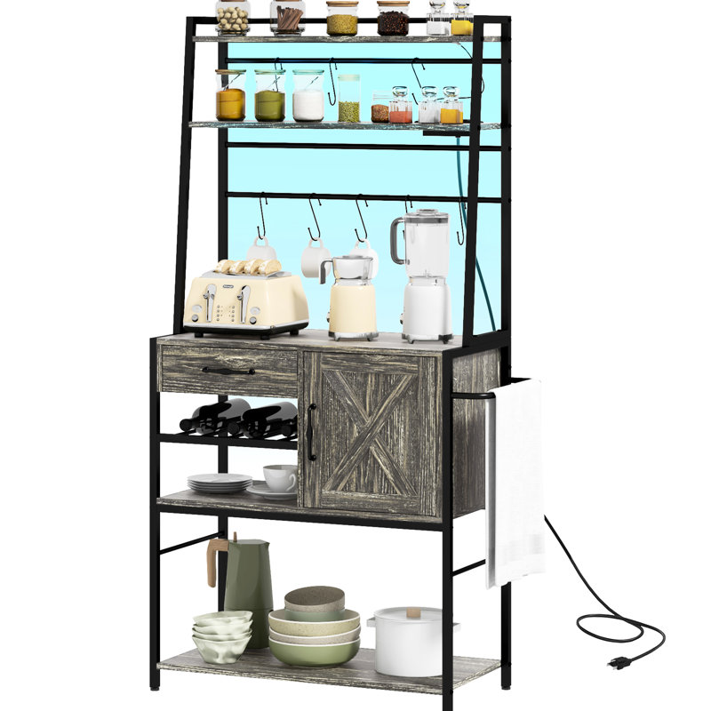 Étagère de boulanger industrielle avec lumières à DEL et panneau d'alimentation, rangement pour bar à café, tiroir pour porte-bouteilles pour four à micro-ondes, huit crochets - support, lumières, prise, armoire