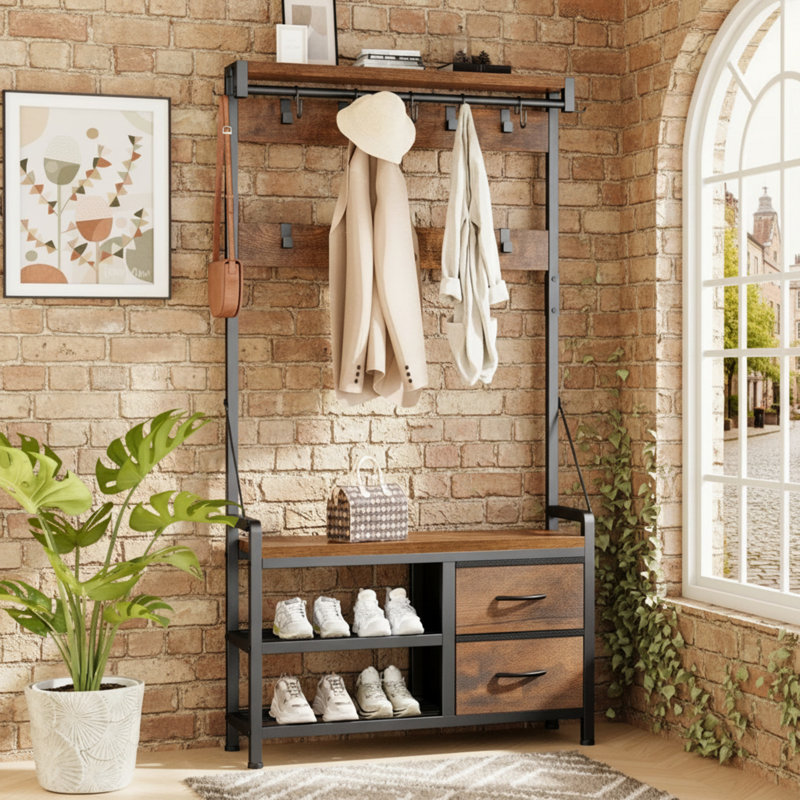 Entryway Coat Rack With Entry Bench, Freestanding With Smart Shoe Bench And Wall-Mount Design, Practical For Foyers.