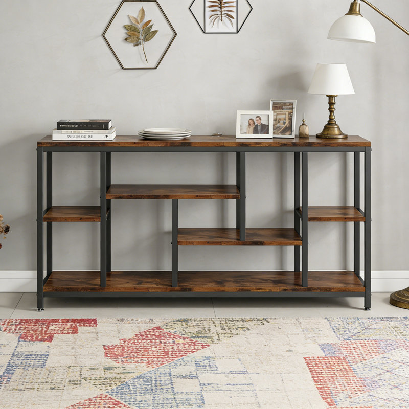 Entryway Sofa Table with Storage Shelves, Rustic Brown & Black
