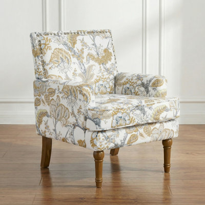 Modern Accent Chair with Nailhead Trim & Solid WoodLegs, Comfy Upholstered Armchair with Nailhead Trim, FloralPattern Single Sofa Chair for Living Room Bedroom