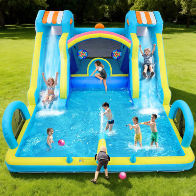 Inflatable Bounce House with Double Water Slide, Large Backyard Play Center for Kids Party & Outdoor Family Fun