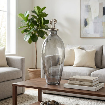 Decorative Glass Flower Vase with Aluminum Topper for Home Decor - Tall Table Vase with Acrylic Accent Base for Living Room Display - Gray & Silver