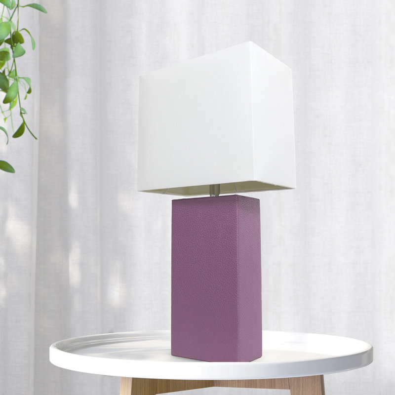Lampe de table en cuir 21 po avec abat-jour rectangulaire en lin blanc, Mauve, Non, Transparent