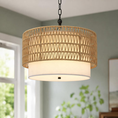 Lustre boho en rotin tissé à la main avec abat-jour en tissu 5 lumières 18,9 pouces pour salle à manger, salon, cuisine, îlot de cuisine, couloir