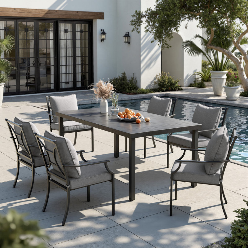 6 - Person Metal Patio Dining Set With Rectangular Table, Cushioned Ergonomic Chairs
