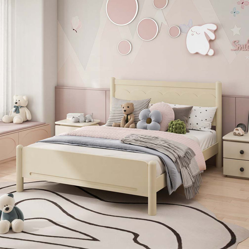 Wood Bed Frame with Headboard, Beige, Queen