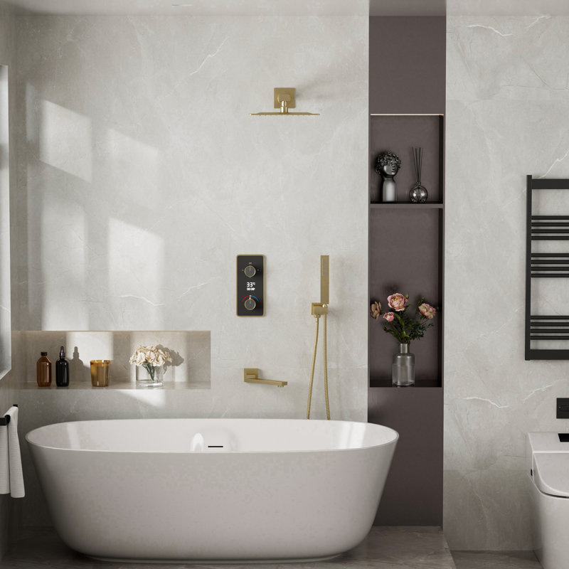 Thermostatic Complete Shower System With Rough In-Valve With Faucet Rain Shower Head, Brushed Gold