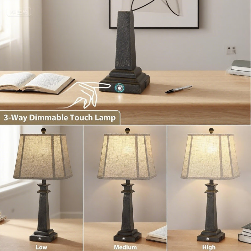 Ensemble de 2 lampes de table à intensité variable avec ports de charge USB A + C, lampes de table de chevet à 3 voies pour la chambre à coucher et le salon, comprenant des ampoules DEL