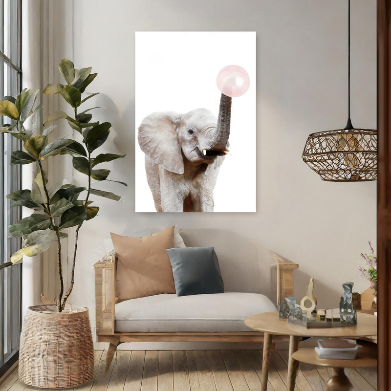 Art mural contemporain Bubblegum Elephant, 48" H x 32" W