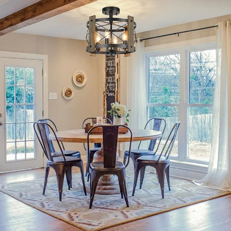 Black and Wood Grain Farmhouse Rustic Semi Flush Mount Ceiling Light