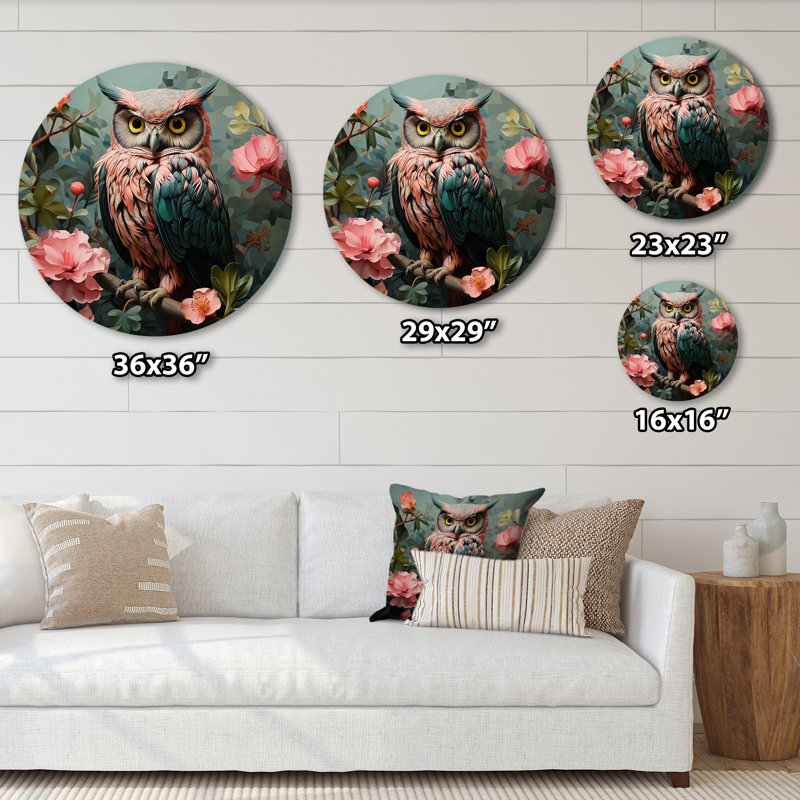 Hiboux bleus et roses, regard floral, forêt II - animaux, art en métal rond, H 16 po x l 16 po