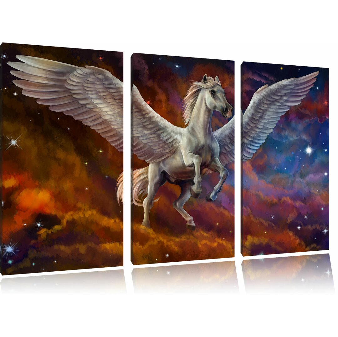 3-tlg. Leinwandbilder-Set Weißer Pegasus mit Engelsflügel, Grafikdruck