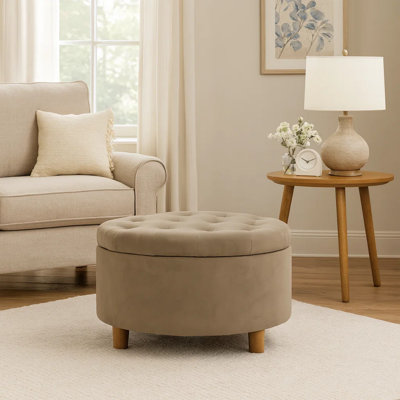 Repose-pieds avec rangement Jo, dessus relevable capitonné rond de 28 pouces, velours épice