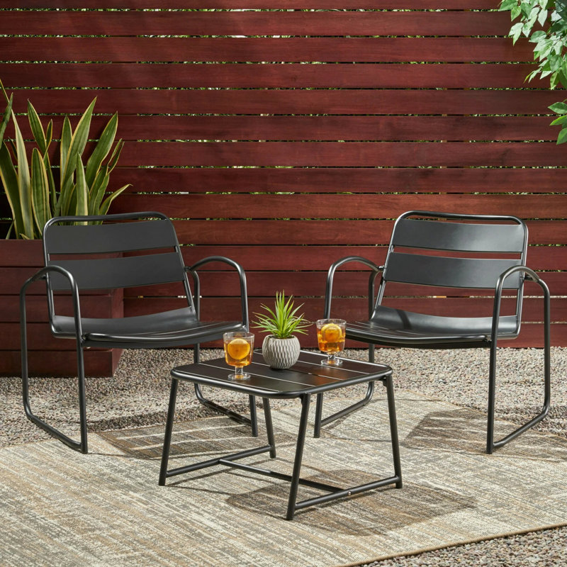 Ensemble de conversation moderne à lattes ouvertes avec cadre en métal durable, Noir mat