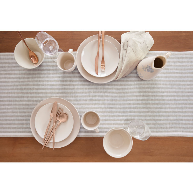 Amalfi Stripe - 100% Pure Linen Table Runner, Natural/White, 120" x 18"