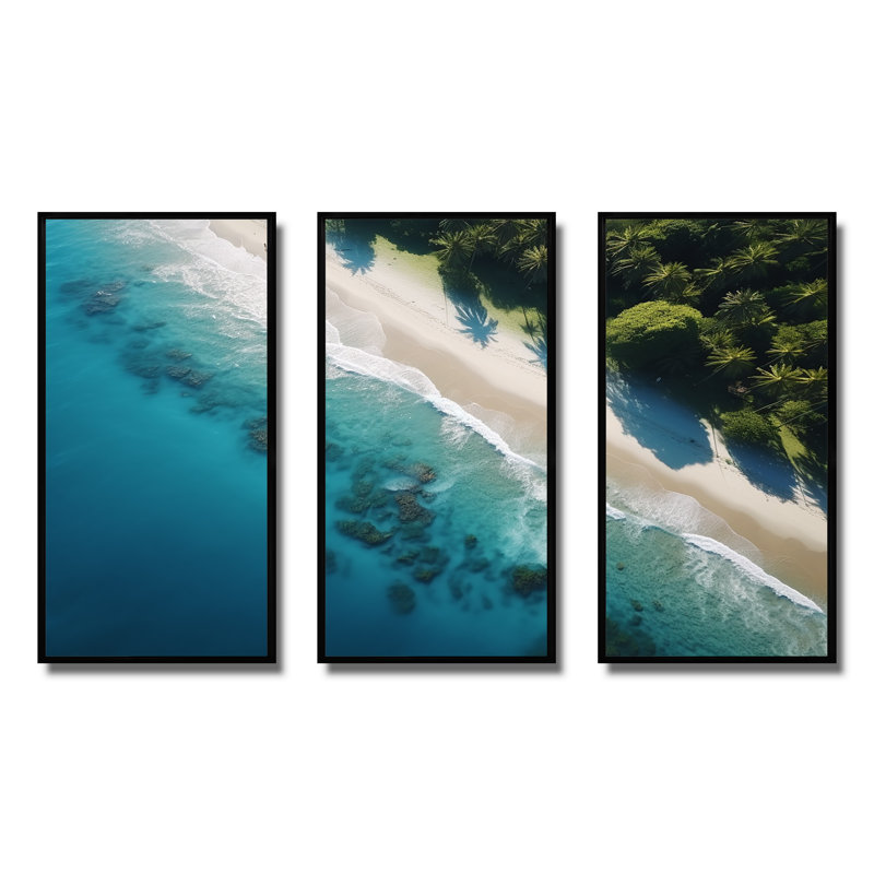 Plage relaxante vue aérienne I - plage, art mural, Cadre flottant noir, H 28 po x l 36 po x P 1 po