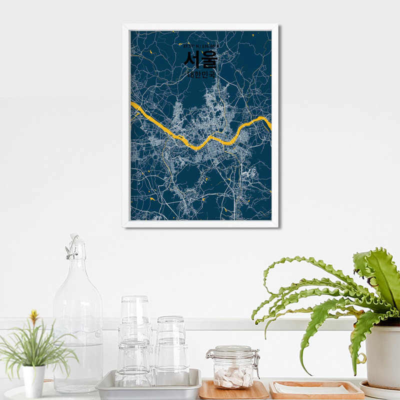 Séoul (coréen) - impression sur toile tendue, Bleu / jaune