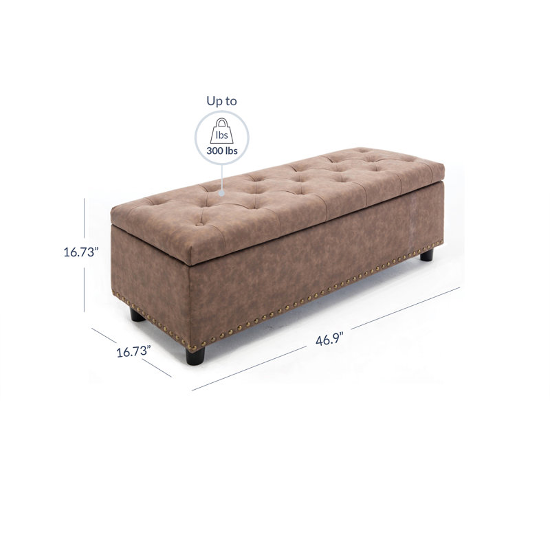 Repose-pieds de rangement rectangulaire capitonné de 46,9 po de largeur, Similicuir brun rustique, Brun foncé