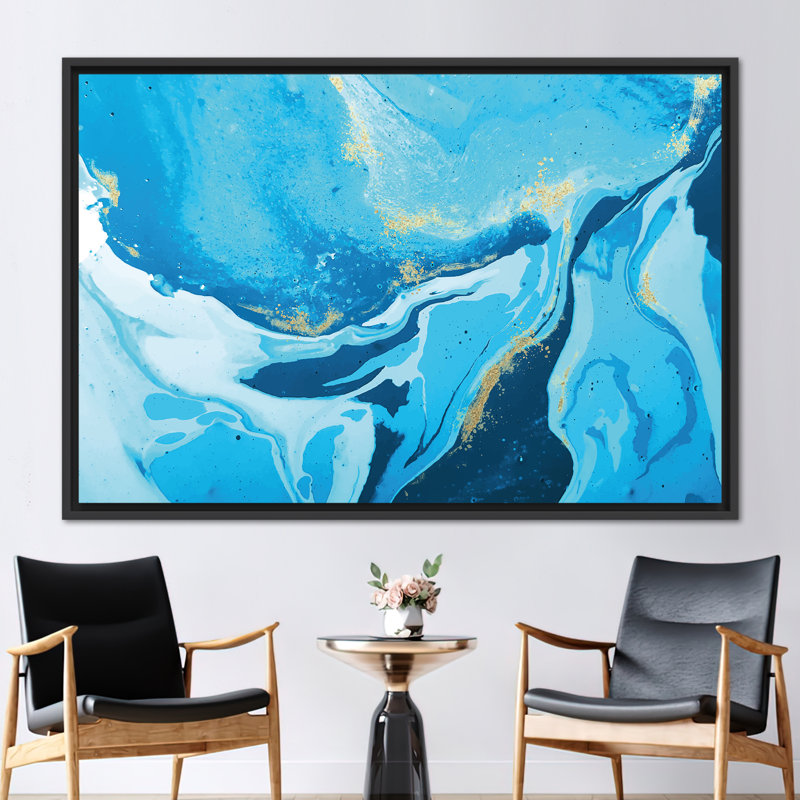 Modern Marble Artwork on Canvas with Shimmery Finish for Elegant Wall Decor, 20 cm H x 30 cm W, Black Floater Framed