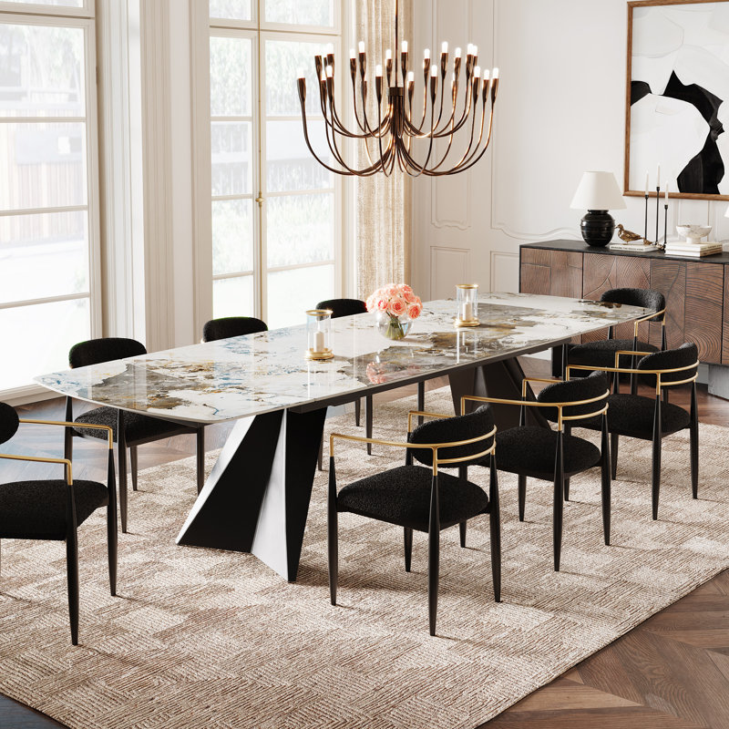 Moiser 78.8" to 110.2" Extendable Dining Table For 10-12 with Sintered Stone Top, Glossy Pandora