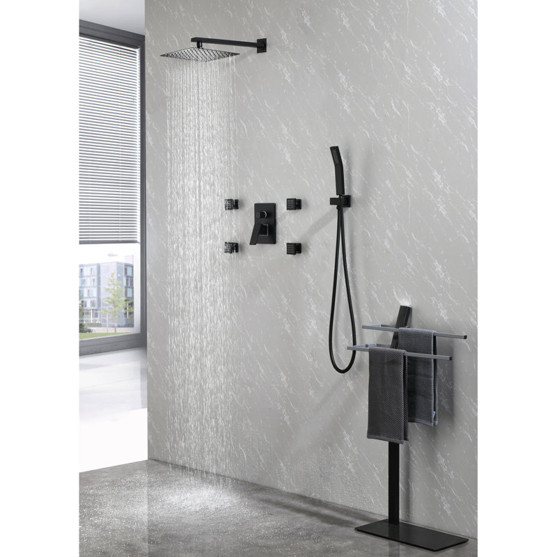 Douche noire matte de 10 pouces avec jets de corps, tête de pluie, douche à main, valve d'équilibre pour assemblage luxueux de salle de bain
