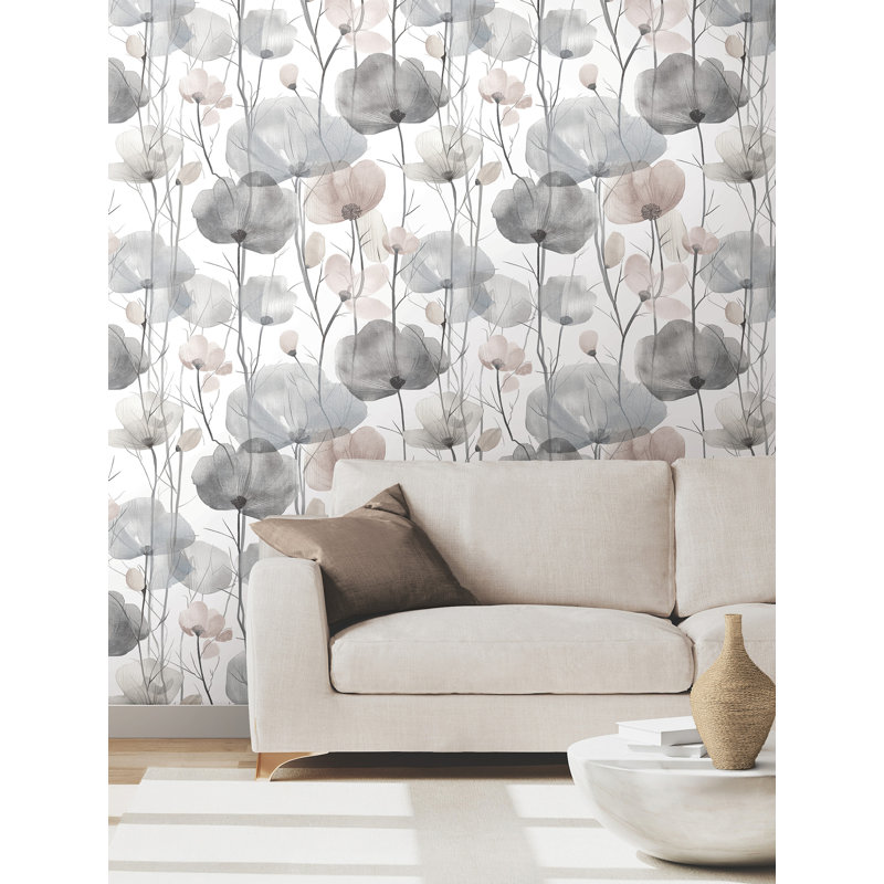 Papier peint floral gris Cotswolds Poppies, Gris