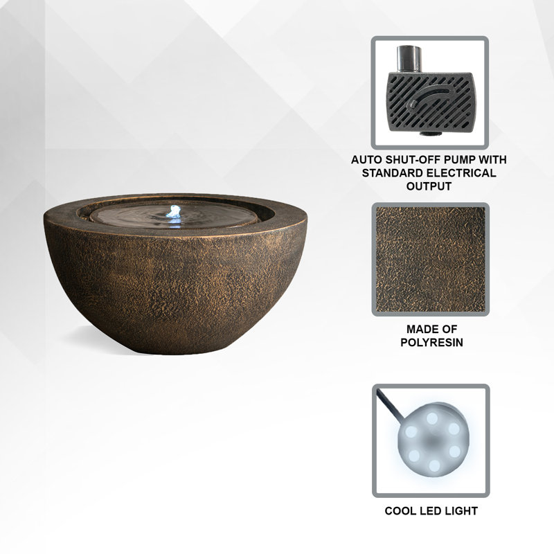  Xbrand 19.8"W Round Polyresin Indoor/Outdoor Sphere Water Fountain w/LED Light, Garden Water Fountain, Water Bowl Fountain, Patio Water Fountain, Water Fountain Decor, Bronze